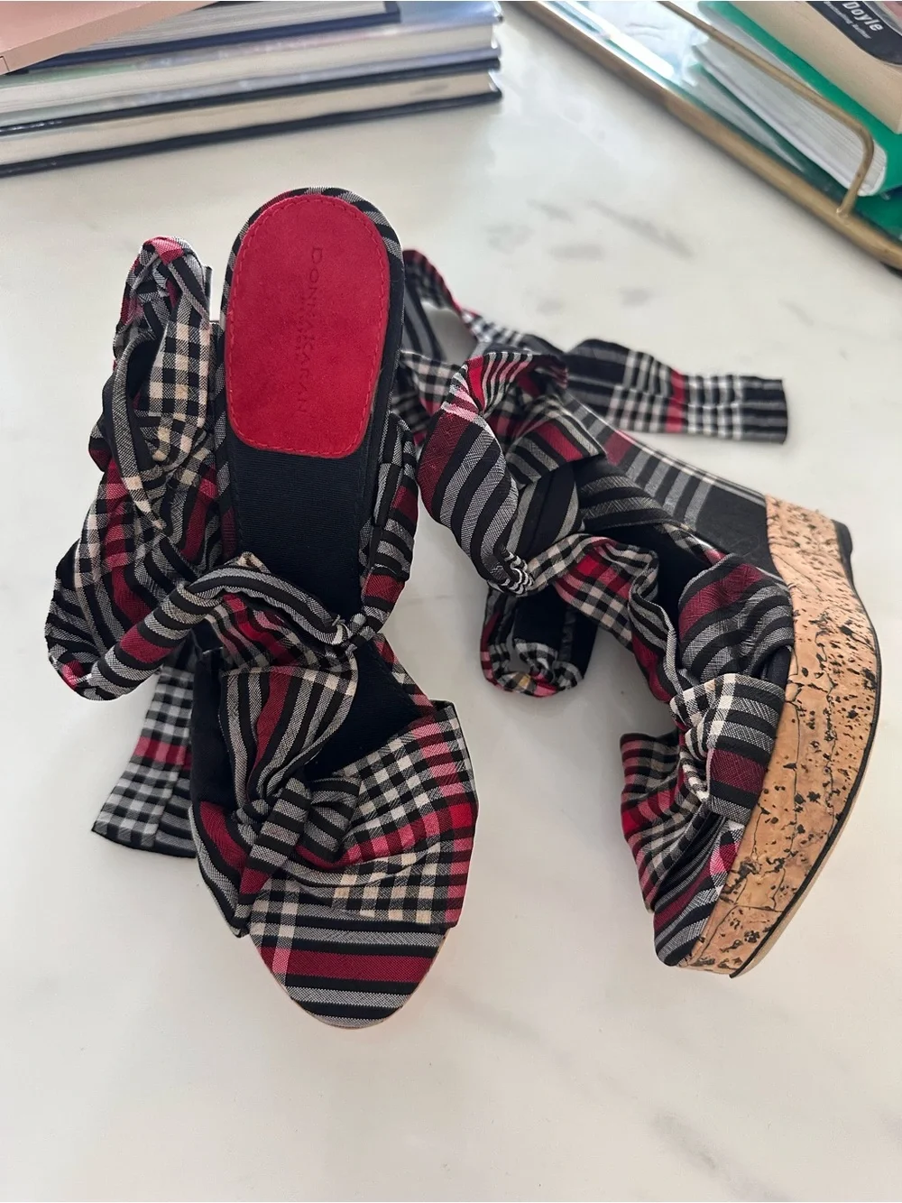 Donna Karen Plaid Wedges with cork bottom black//red/white tie up size 38‎